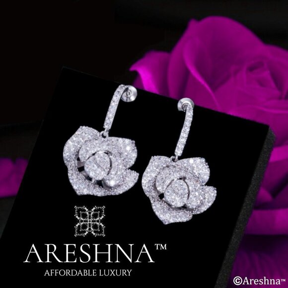 Luxury Rose Diamond Dangle Earrings - Picture 2 of 8